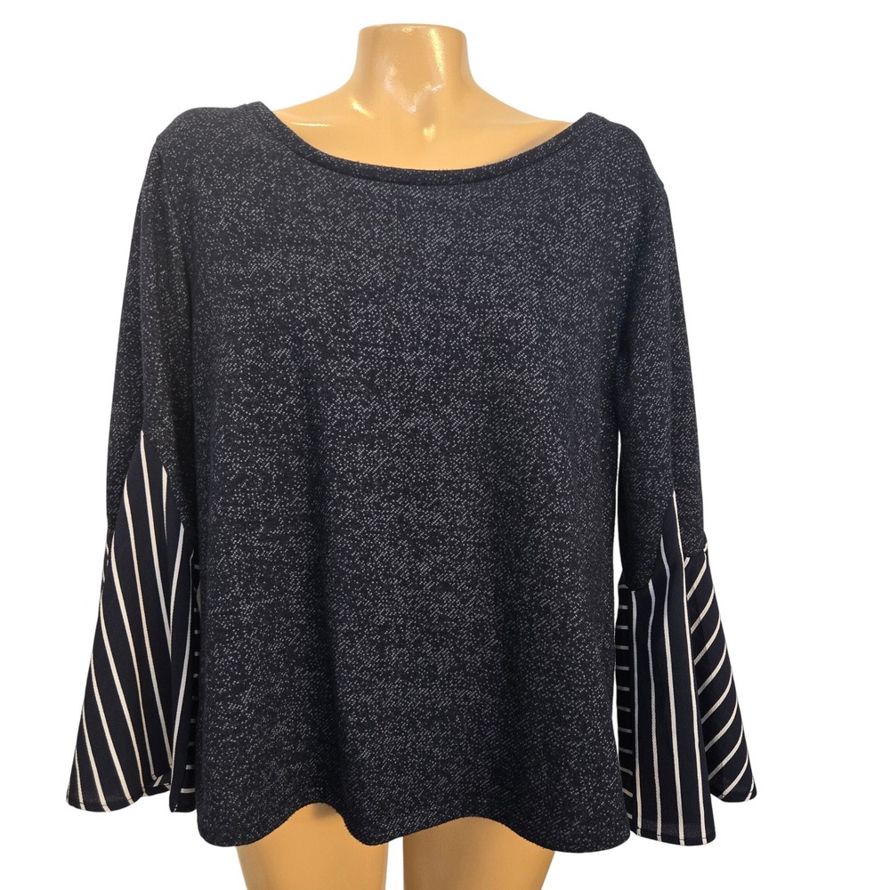 Hannah Womens Navy & White Striped Bell Sleeve Boat Neck Blouse Top Size Medium